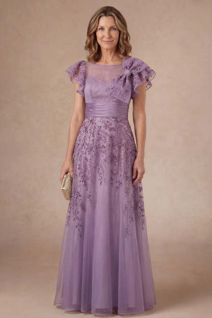 Leely Women Purple Ruffled A Line Floral Long Mother of the Bride Dress Sleeveless Appliqued Evening Dress with Bow