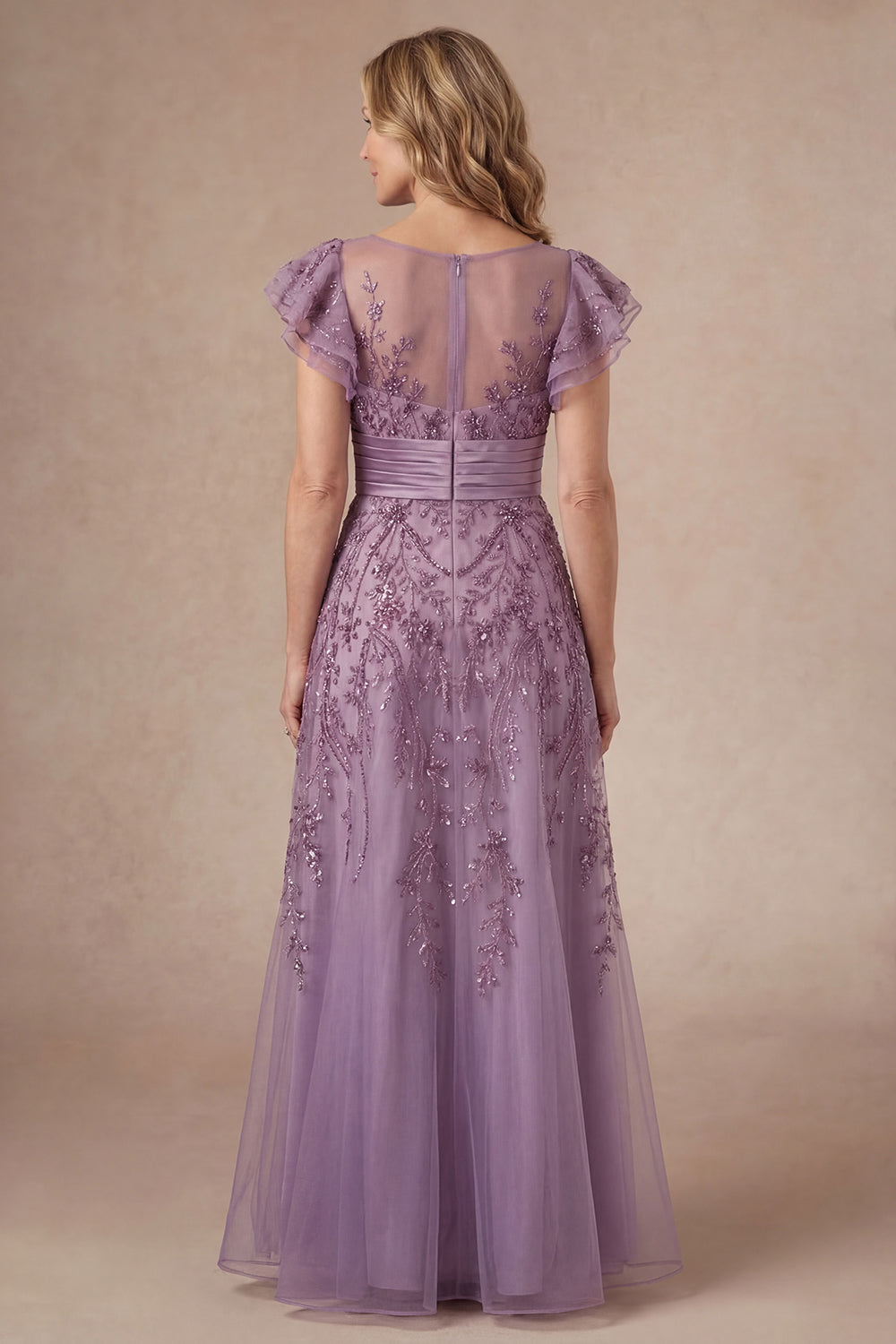 Purple Ruffled Sleeveless A Line Floral Long Mother of the Bride Dress