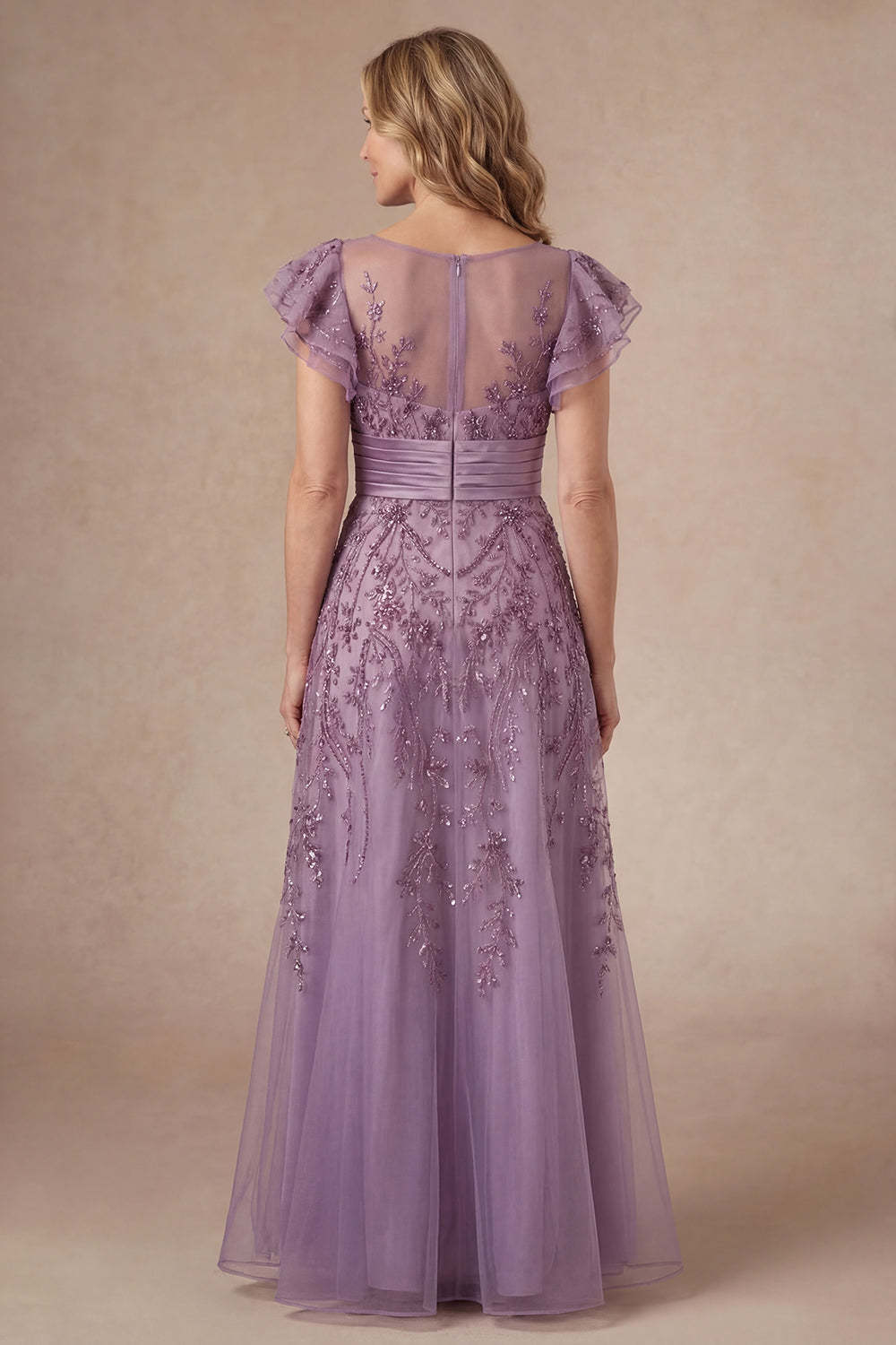 Purple Ruffled Sleeveless A Line Floral Long Mother of the Bride Dress