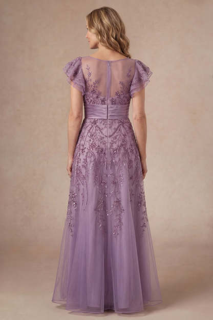 Purple Ruffled Sleeveless A Line Floral Long Mother of the Bride Dress
