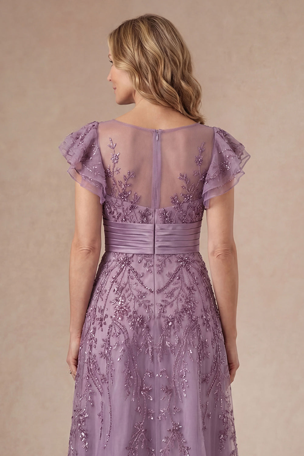 Purple Ruffled Sleeveless A Line Floral Long Mother of the Bride Dress