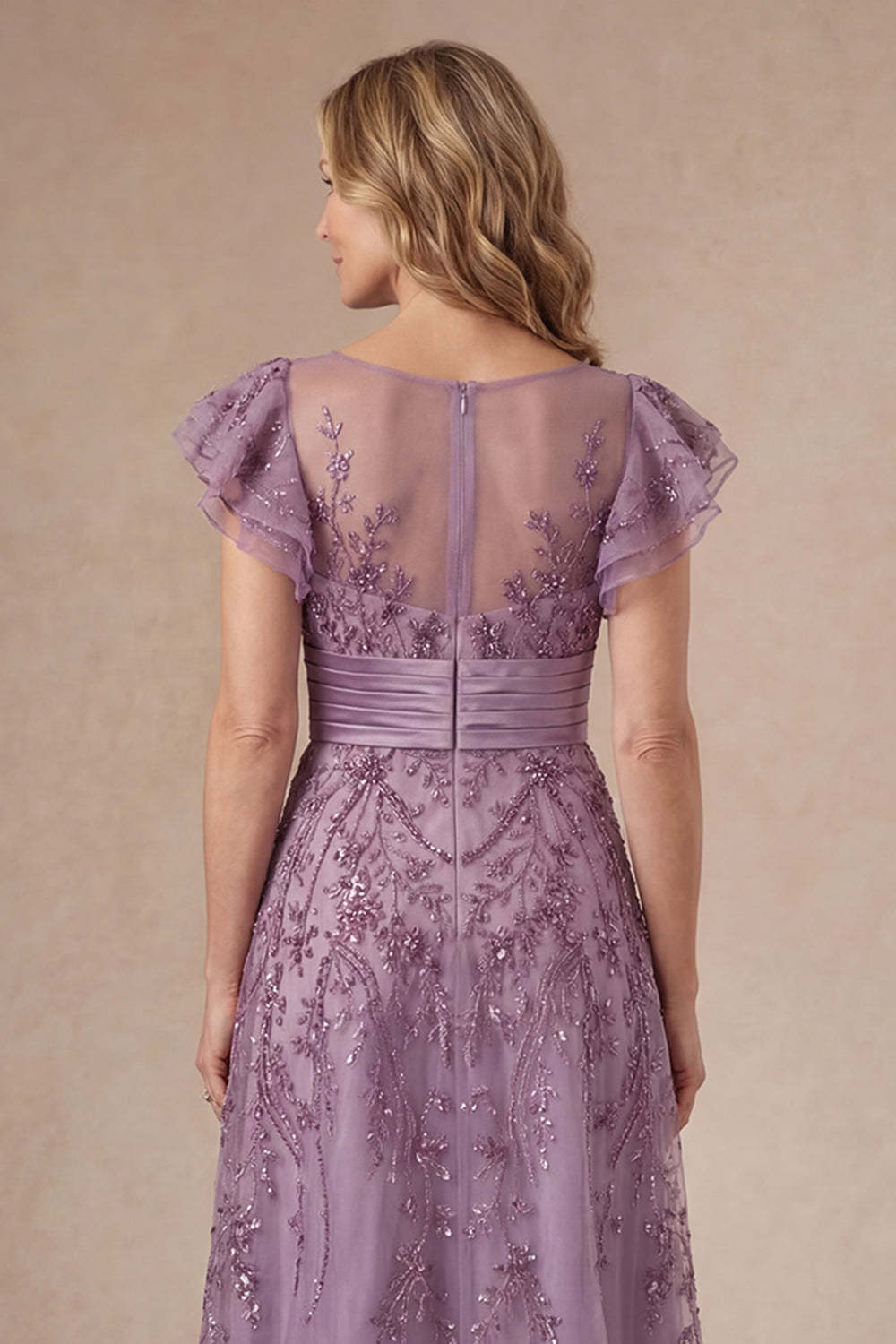 Purple Ruffled Sleeveless A Line Floral Long Mother of the Bride Dress