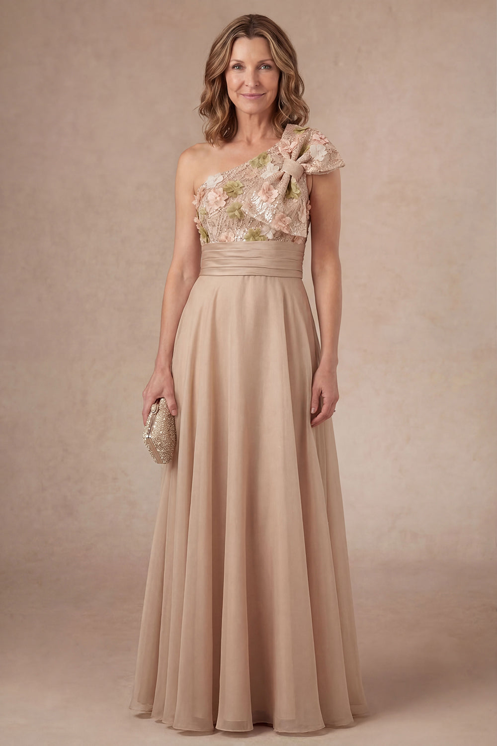 Leely Women Champagne Floral A Line Long Mother of the Bride Dress One Shoulder Appliqued Bow Wedding Guest Dress
