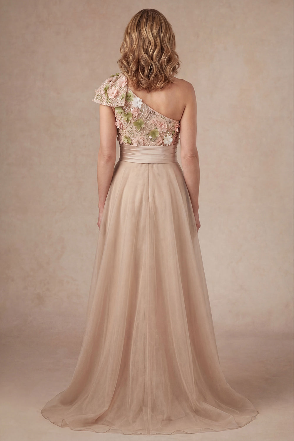 Champagne Floral One Shoulder Appliqued A Line Long Mother of the Bride Dress