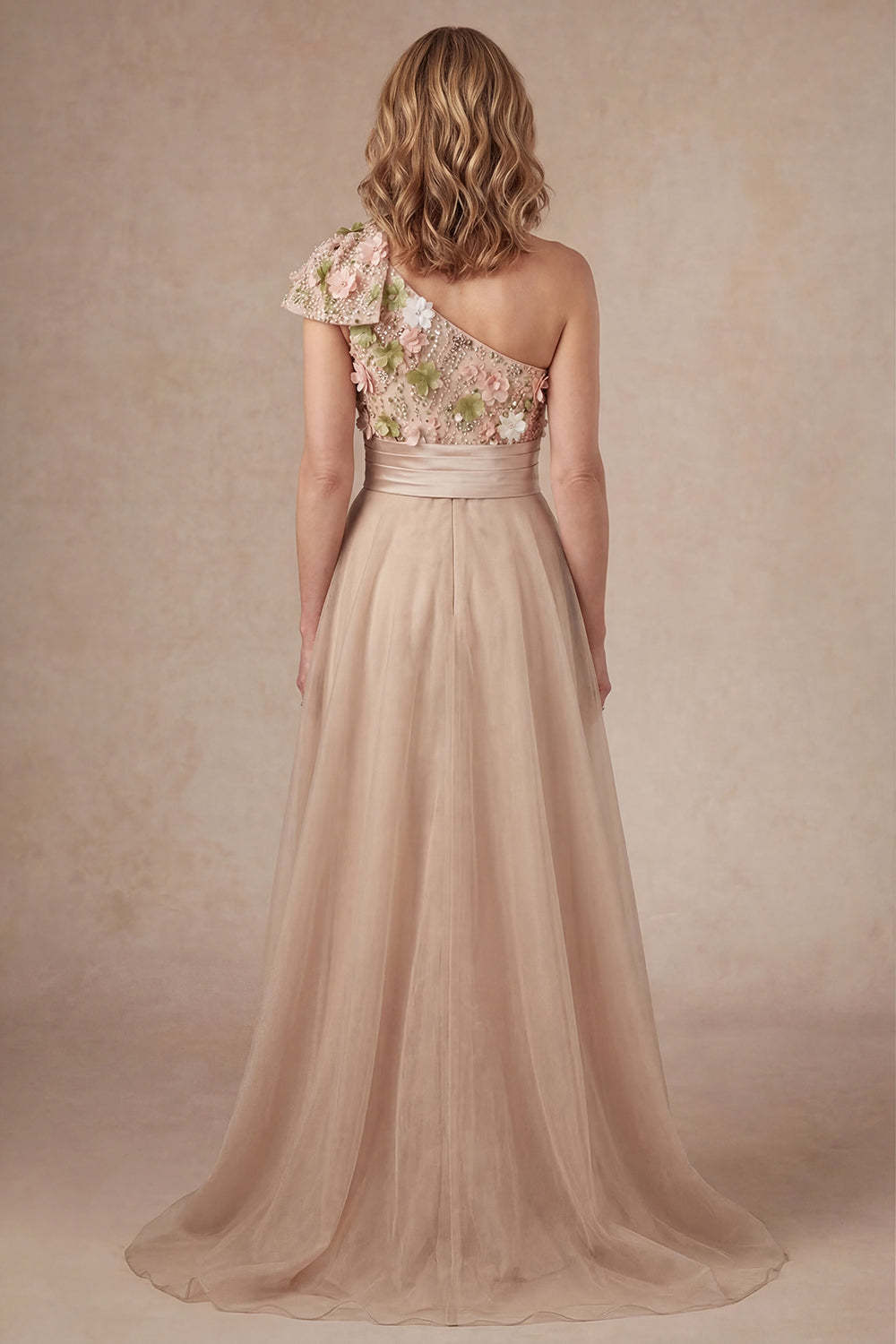 Champagne Floral One Shoulder Appliqued A Line Long Mother of the Bride Dress