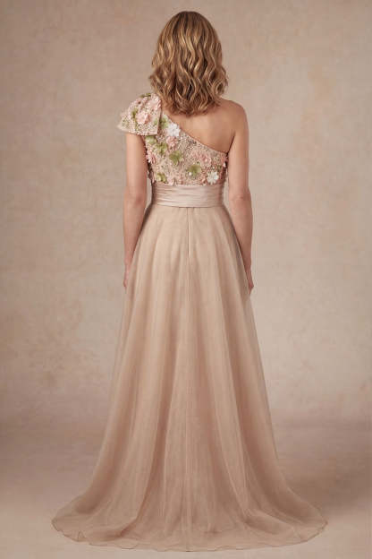 Champagne Floral One Shoulder Appliqued A Line Long Mother of the Bride Dress