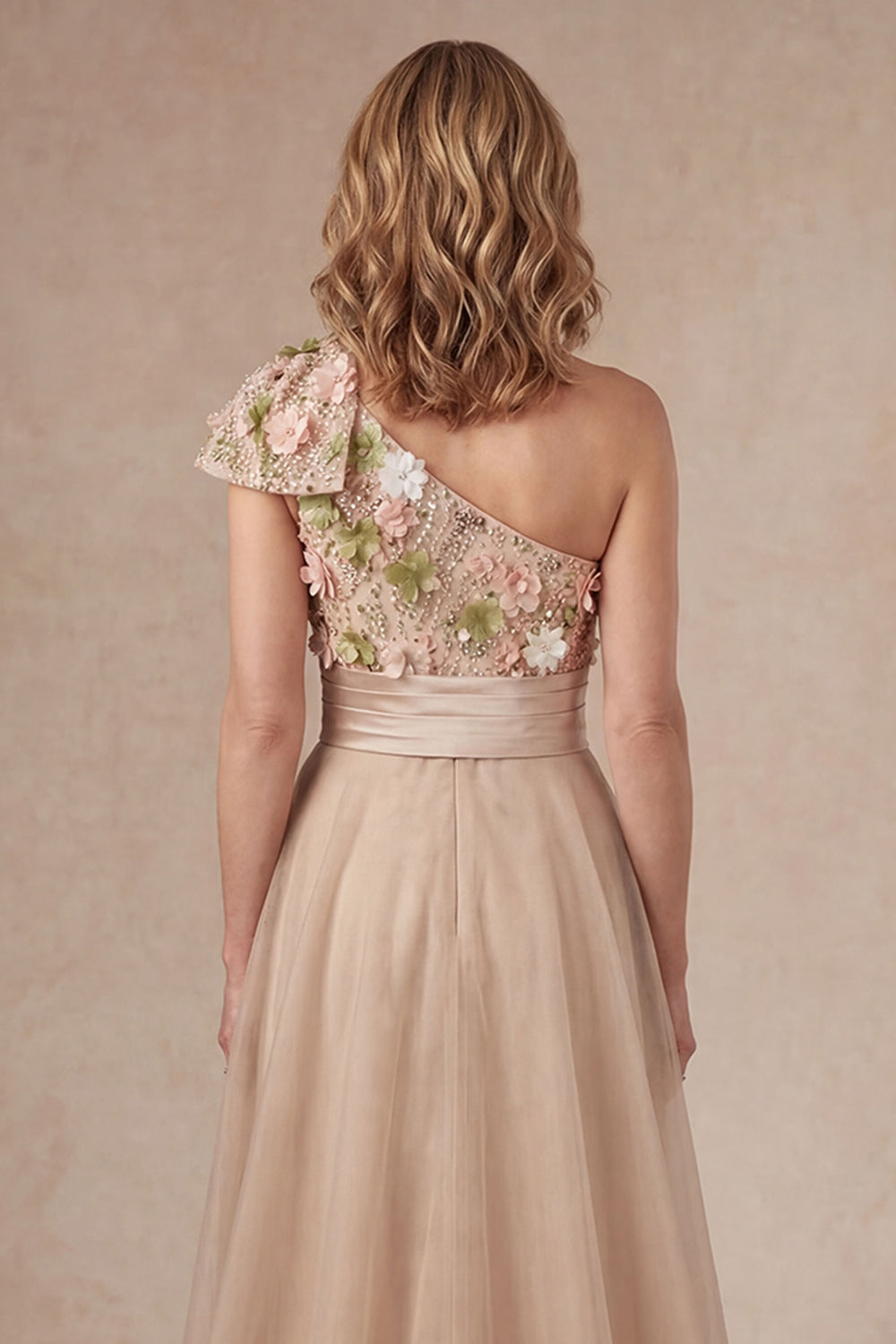 Champagne Floral One Shoulder Appliqued A Line Long Mother of the Bride Dress