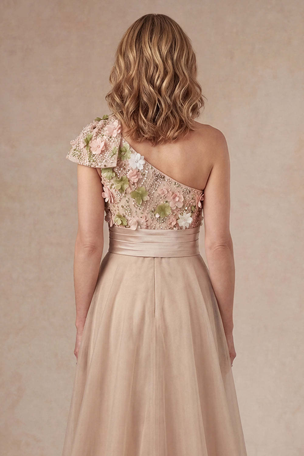 Champagne Floral One Shoulder Appliqued A Line Long Mother of the Bride Dress