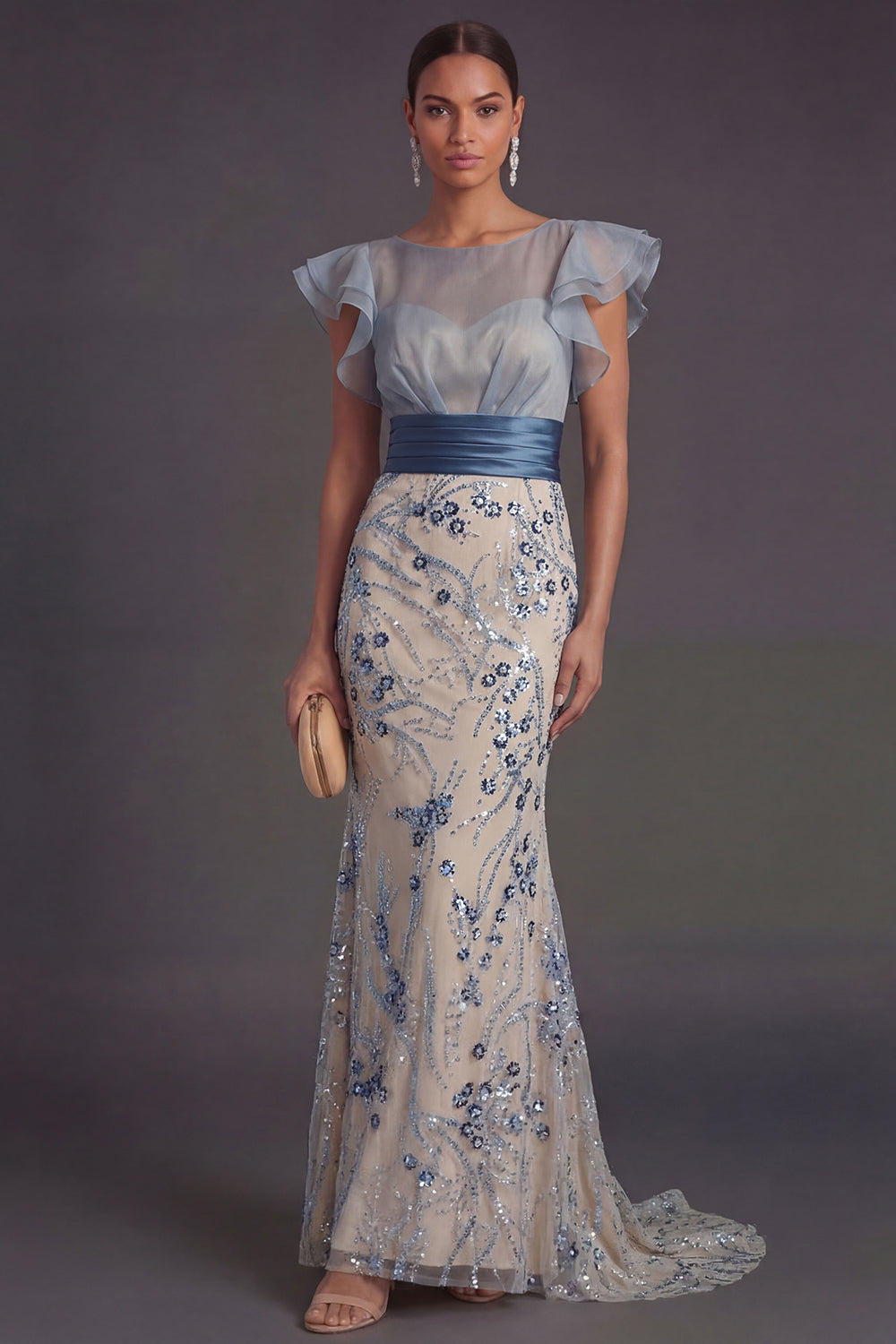 Leely Women Sparkly Sequined Mermaid Ruffled Dusty Blue Long Formal Dress Illusion Neck Sleeveless Wedding Guest Dress