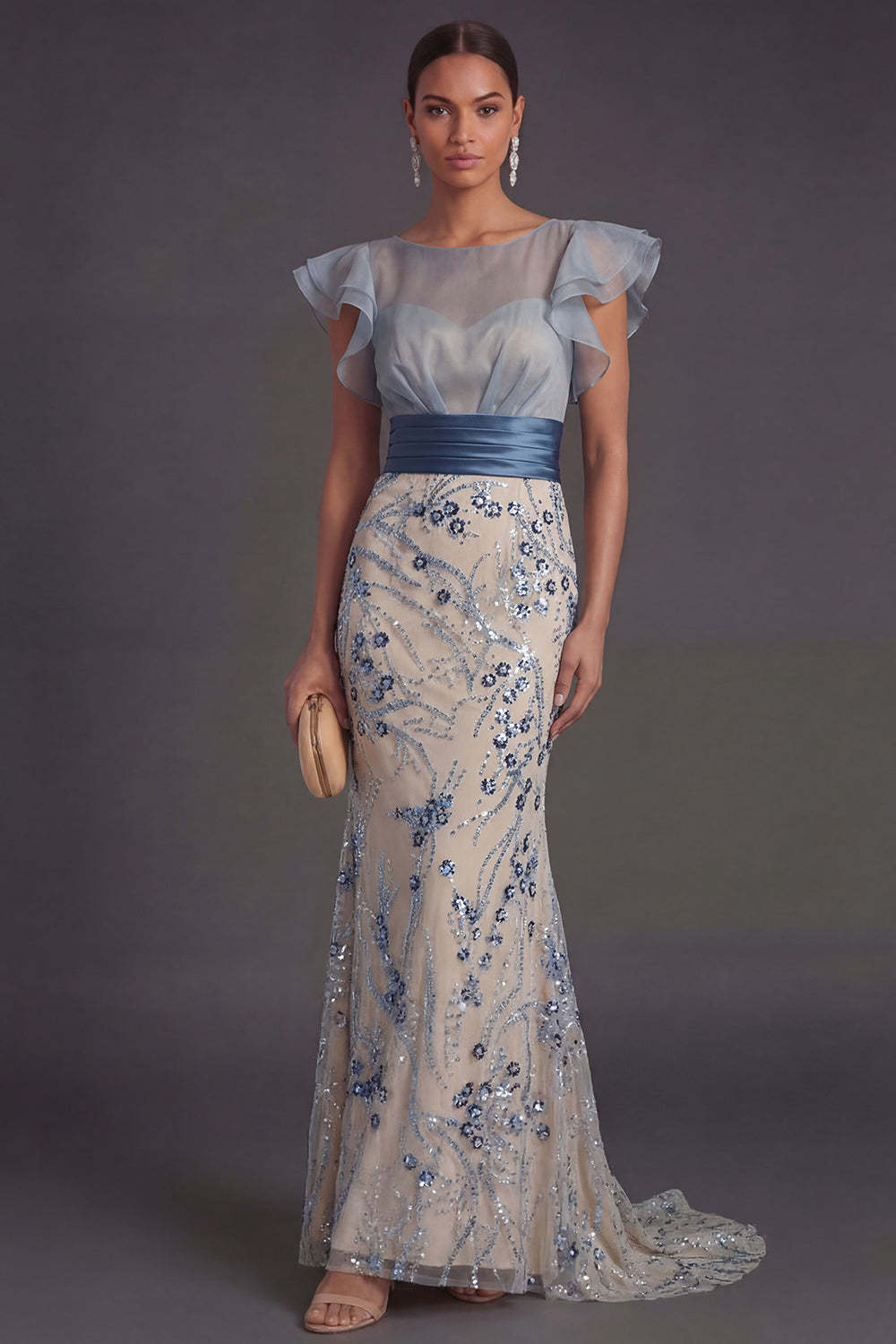 Leely Women Sparkly Sequined Mermaid Ruffled Dusty Blue Long Formal Dress Illusion Neck Sleeveless Wedding Guest Dress