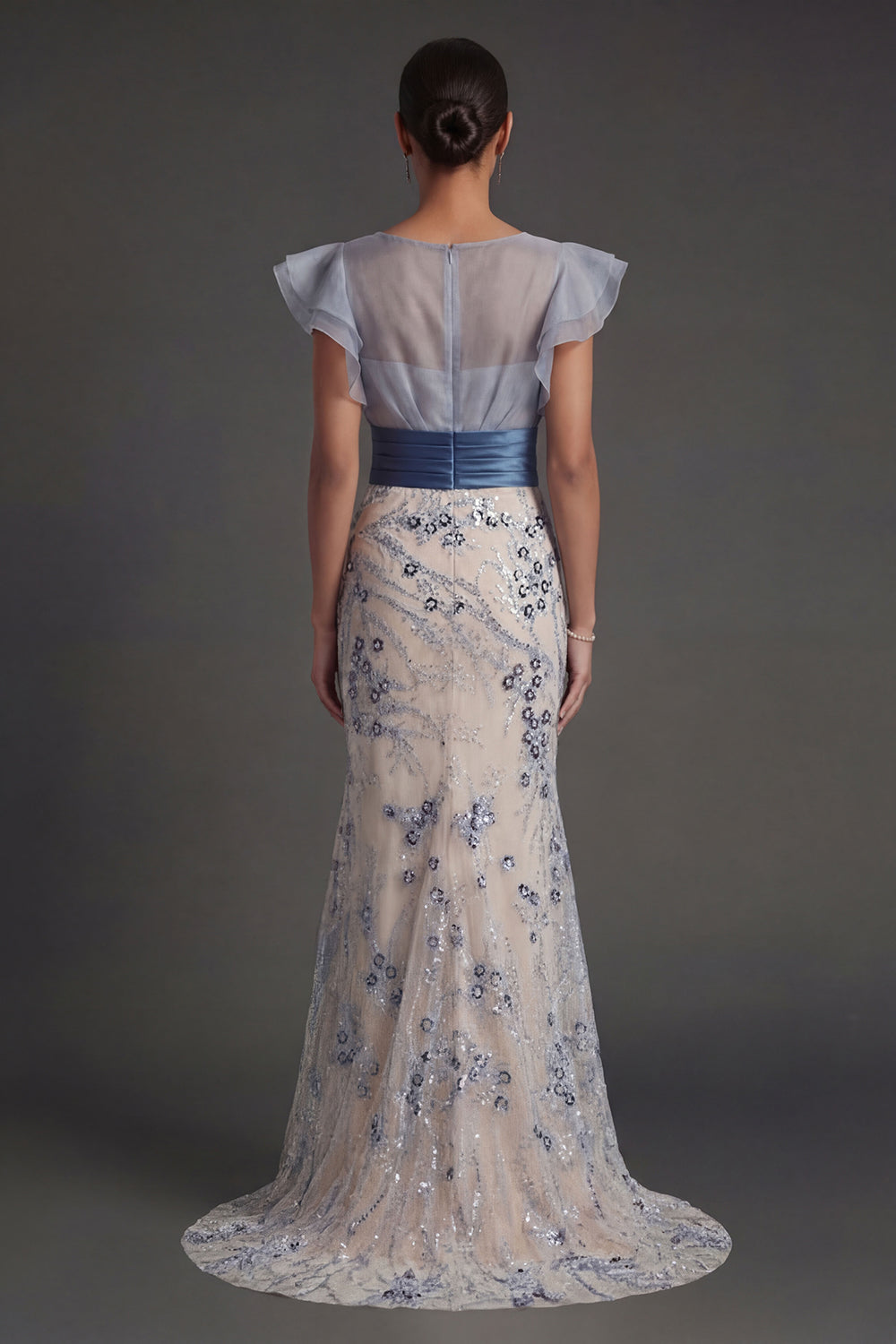 Sparkly Sequined Mermaid Ruffled Illusion Neck Dusty Blue Long Formal Dress