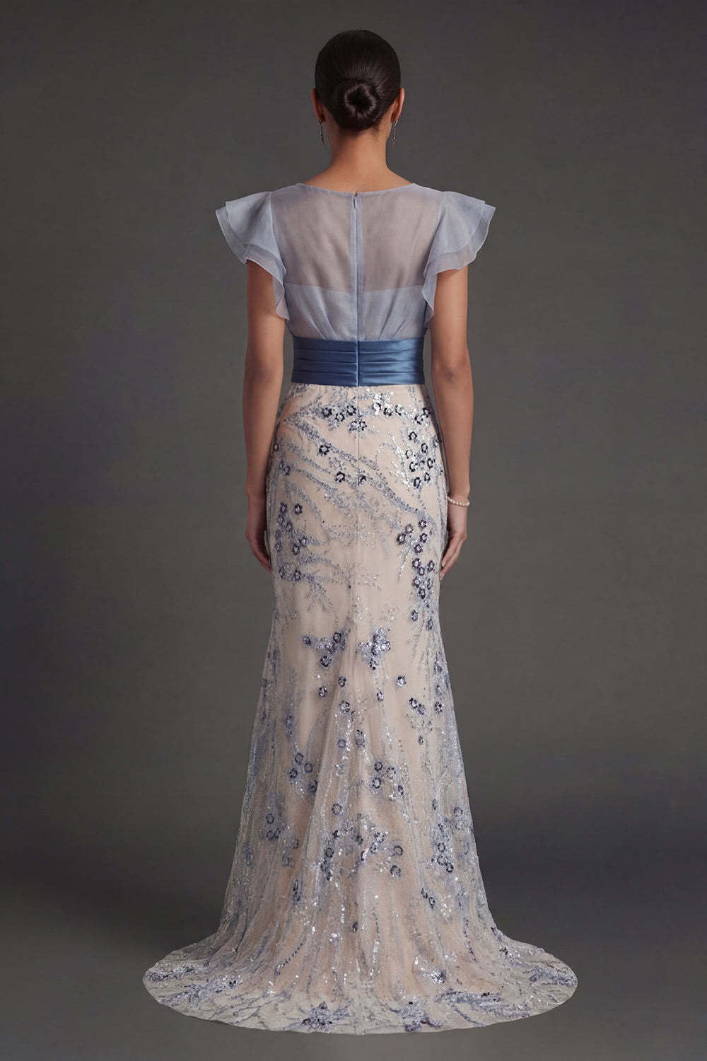 Sparkly Sequined Mermaid Ruffled Illusion Neck Dusty Blue Long Formal Dress