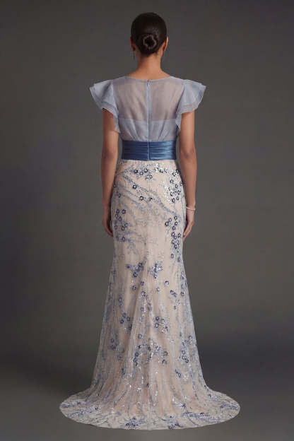 Sparkly Sequined Mermaid Ruffled Illusion Neck Dusty Blue Long Formal Dress