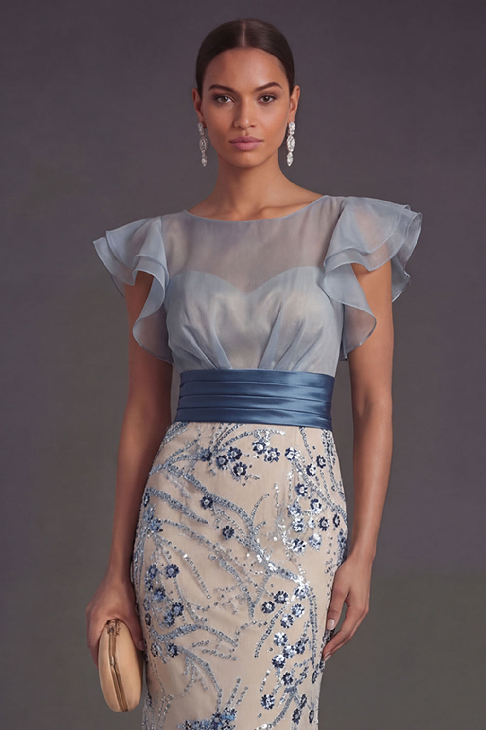 Sparkly Sequined Mermaid Ruffled Illusion Neck Dusty Blue Long Formal Dress