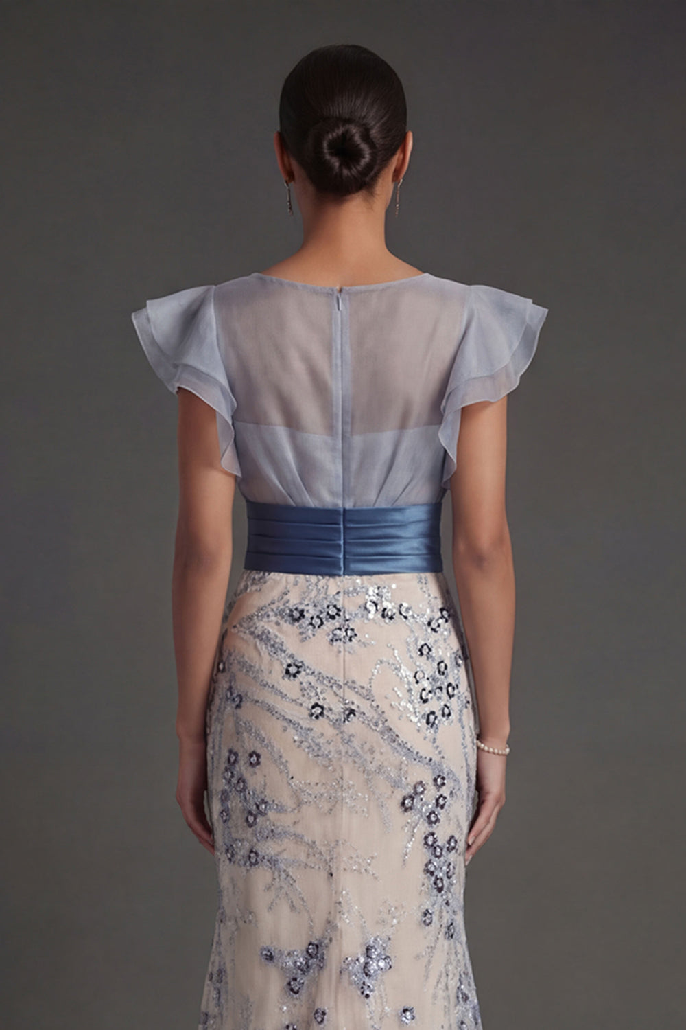 Sparkly Sequined Mermaid Ruffled Illusion Neck Dusty Blue Long Formal Dress