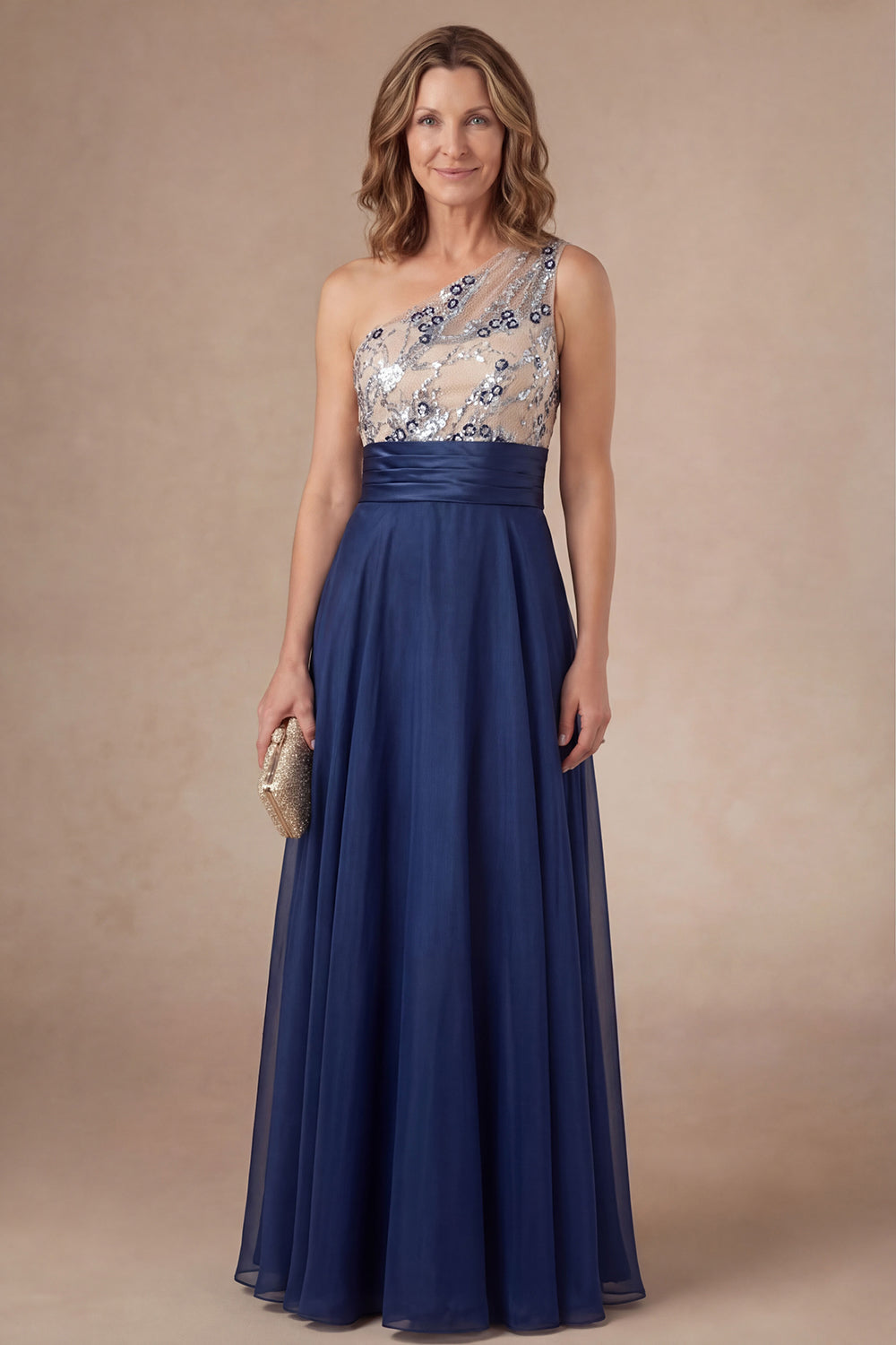 Sparkly Sequined Navy One Shoulder Appliqued A Line Long Mother of the Bride Dress
