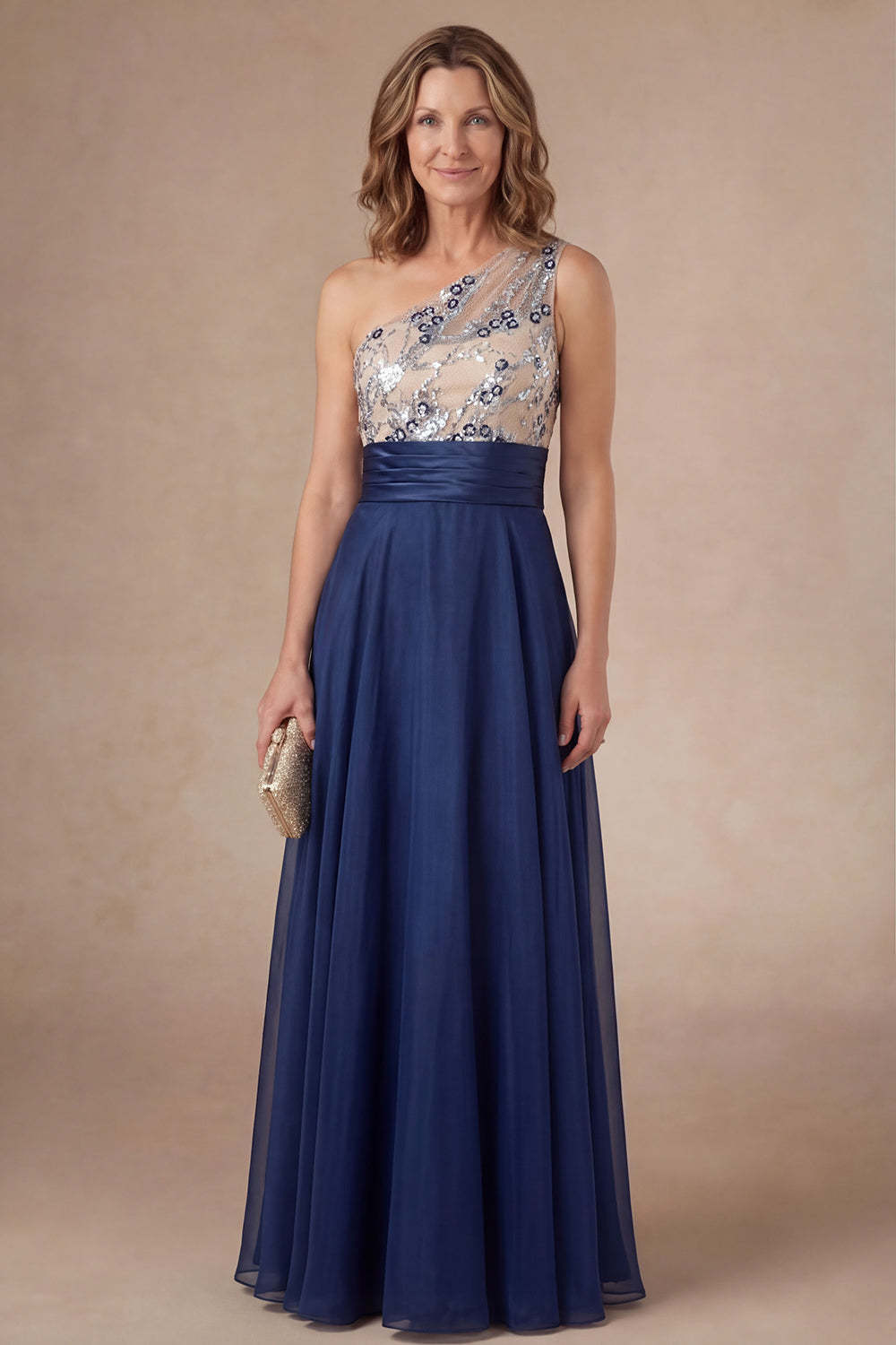 Leely Women Sparkly Sequined Navy A Line Long Mother of the Bride Dress One Shoulder Appliqued Backless Evening Dress