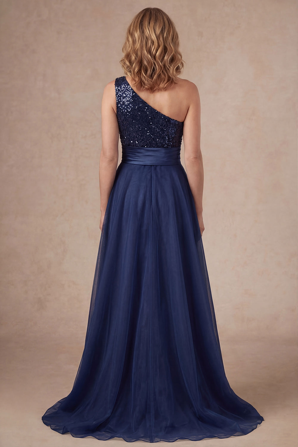 Sparkly Sequined Navy One Shoulder Appliqued A Line Long Mother of the Bride Dress