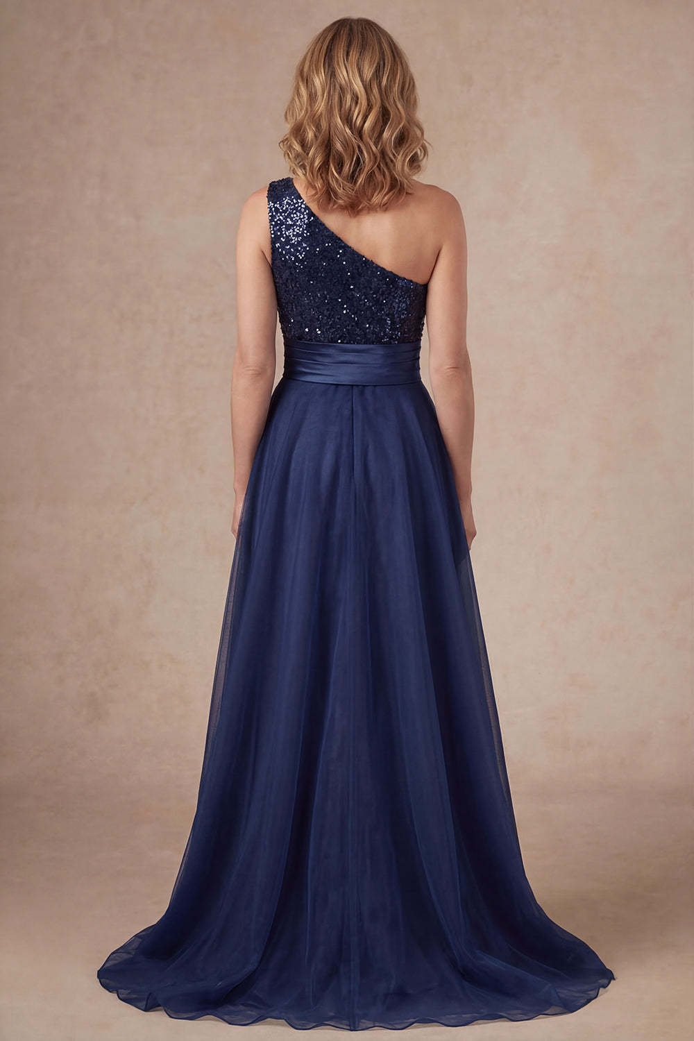 Sparkly Sequined Navy One Shoulder Appliqued A Line Long Mother of the Bride Dress