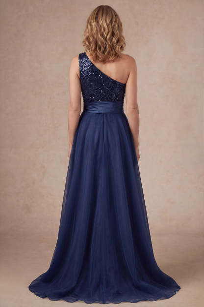 Sparkly Sequined Navy One Shoulder Appliqued A Line Long Mother of the Bride Dress