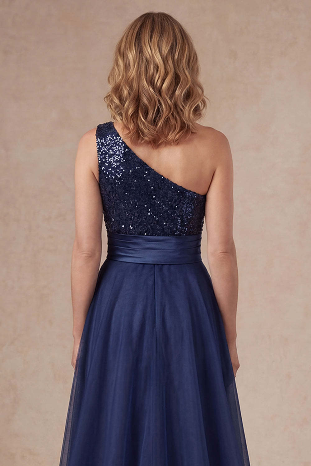 Sparkly Sequined Navy One Shoulder Appliqued A Line Long Mother of the Bride Dress