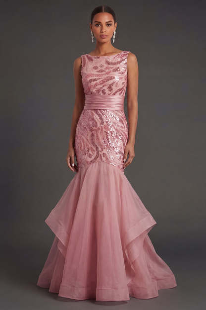 Leely Women Pink Sparkly Sequined Mermaid Ruffled Long Formal Dress Sleeveless Round Neck Wedding Guest Dress