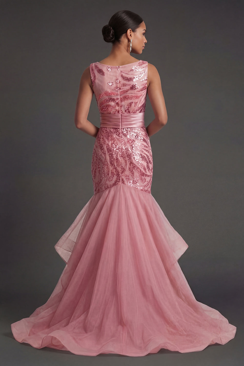 Pink Sparkly Sequined Mermaid Ruffled Long Formal Dress