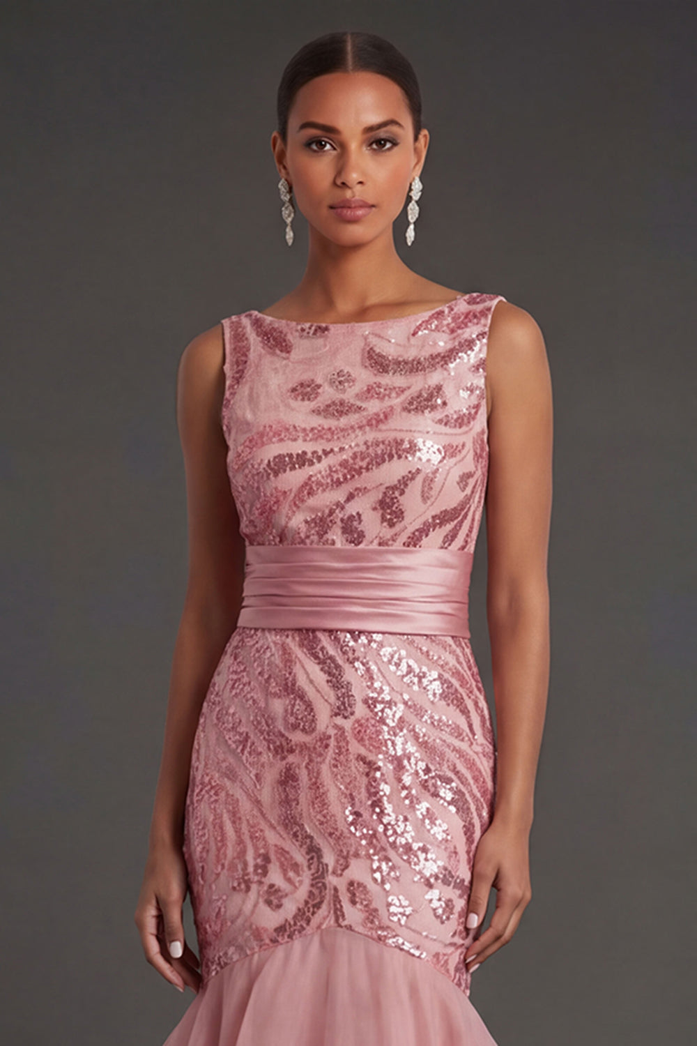 Pink Sparkly Sequined Mermaid Ruffled Long Formal Dress