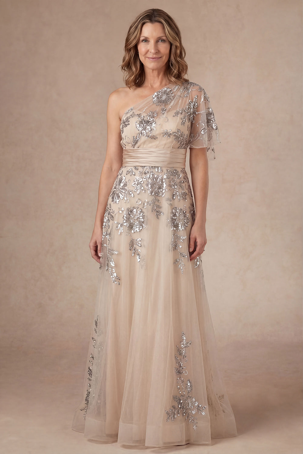 Leely Women Appliqued Champagne Floral Long Mother of the Bride Dress One Shoulder A Line Backless Evening Dress