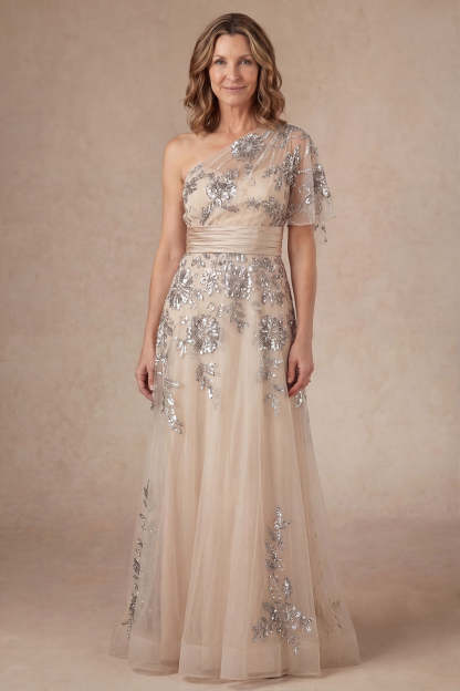 Leely Women Appliqued Champagne Floral Long Mother of the Bride Dress One Shoulder A Line Backless Evening Dress