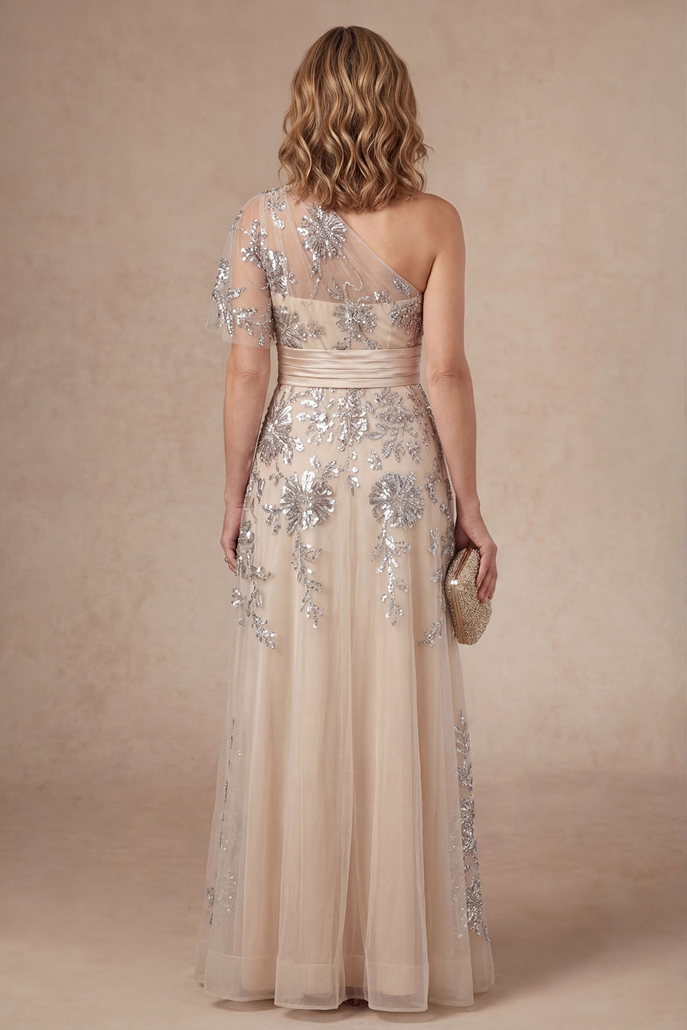 Appliqued Champagne Floral One Shoulder A Line Long Mother of the Bride Dress