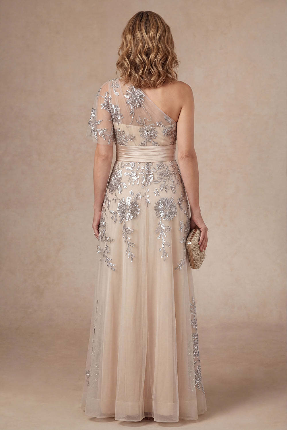 Appliqued Champagne Floral One Shoulder A Line Long Mother of the Bride Dress