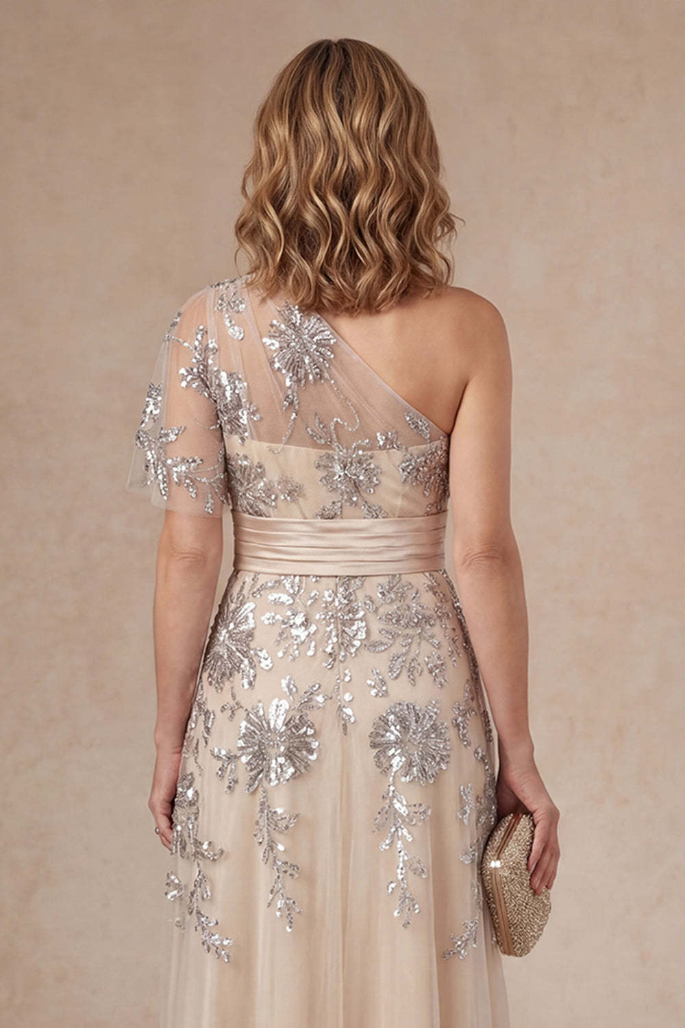Appliqued Champagne Floral One Shoulder A Line Long Mother of the Bride Dress