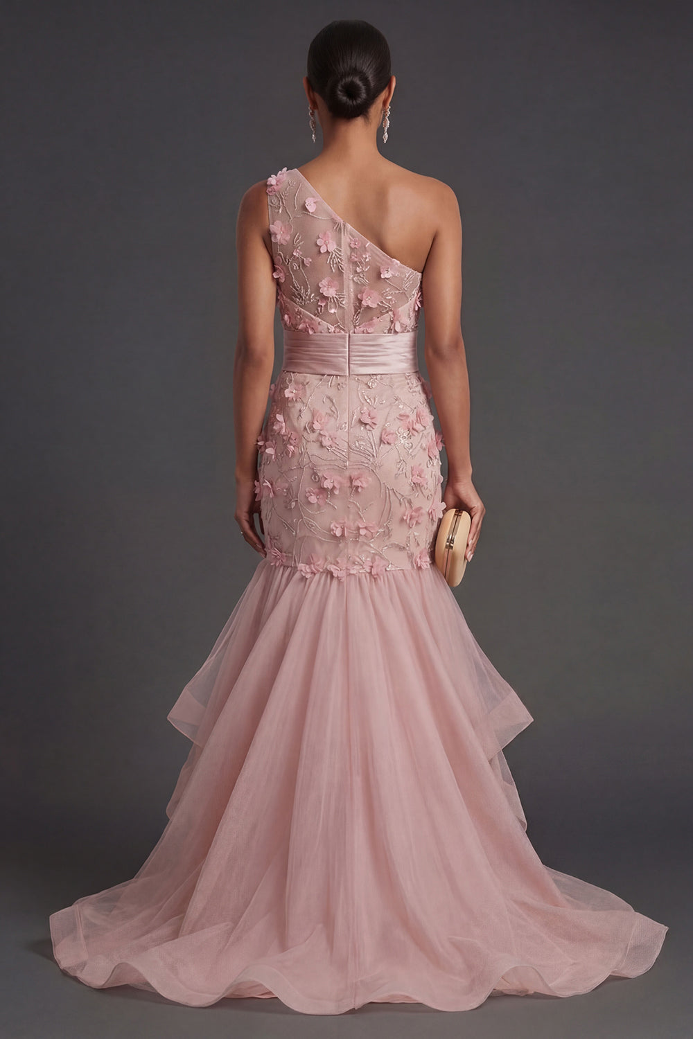 Blush Mermaid Floral One Shoulder Appliqued Ruffled Long Formal Dress