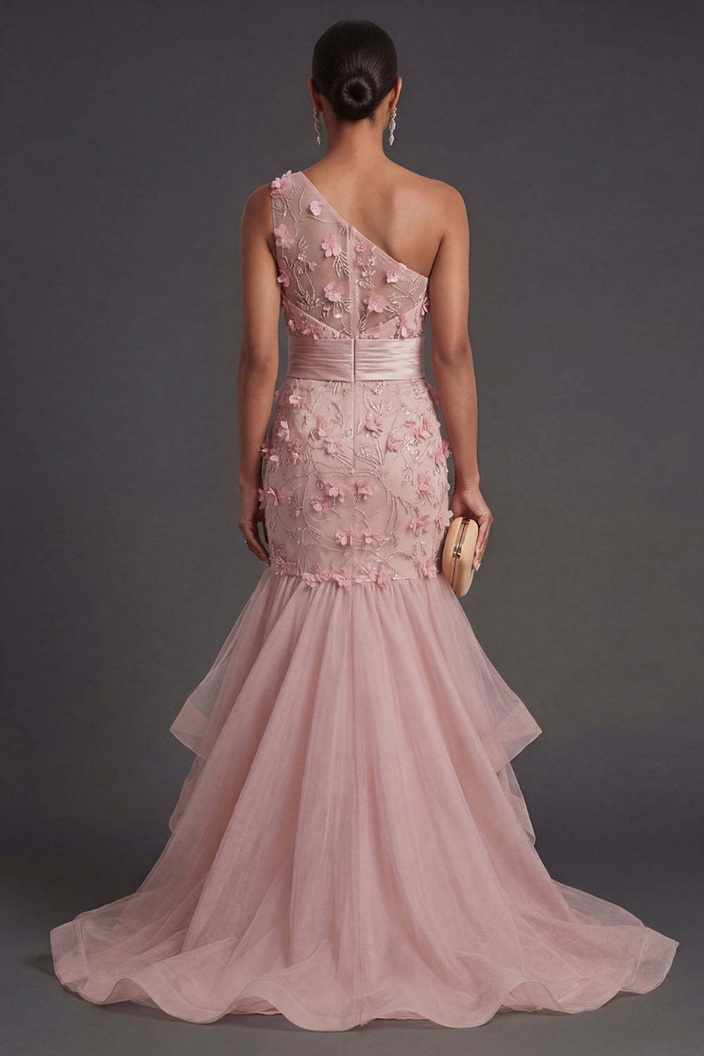 Blush Mermaid Floral One Shoulder Appliqued Ruffled Long Formal Dress