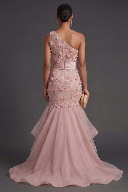 Blush Mermaid Floral One Shoulder Appliqued Ruffled Long Formal Dress