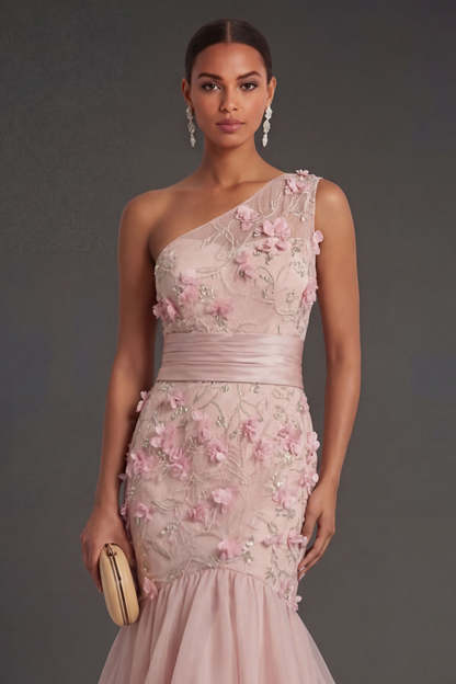 Blush Mermaid Floral One Shoulder Appliqued Ruffled Long Formal Dress