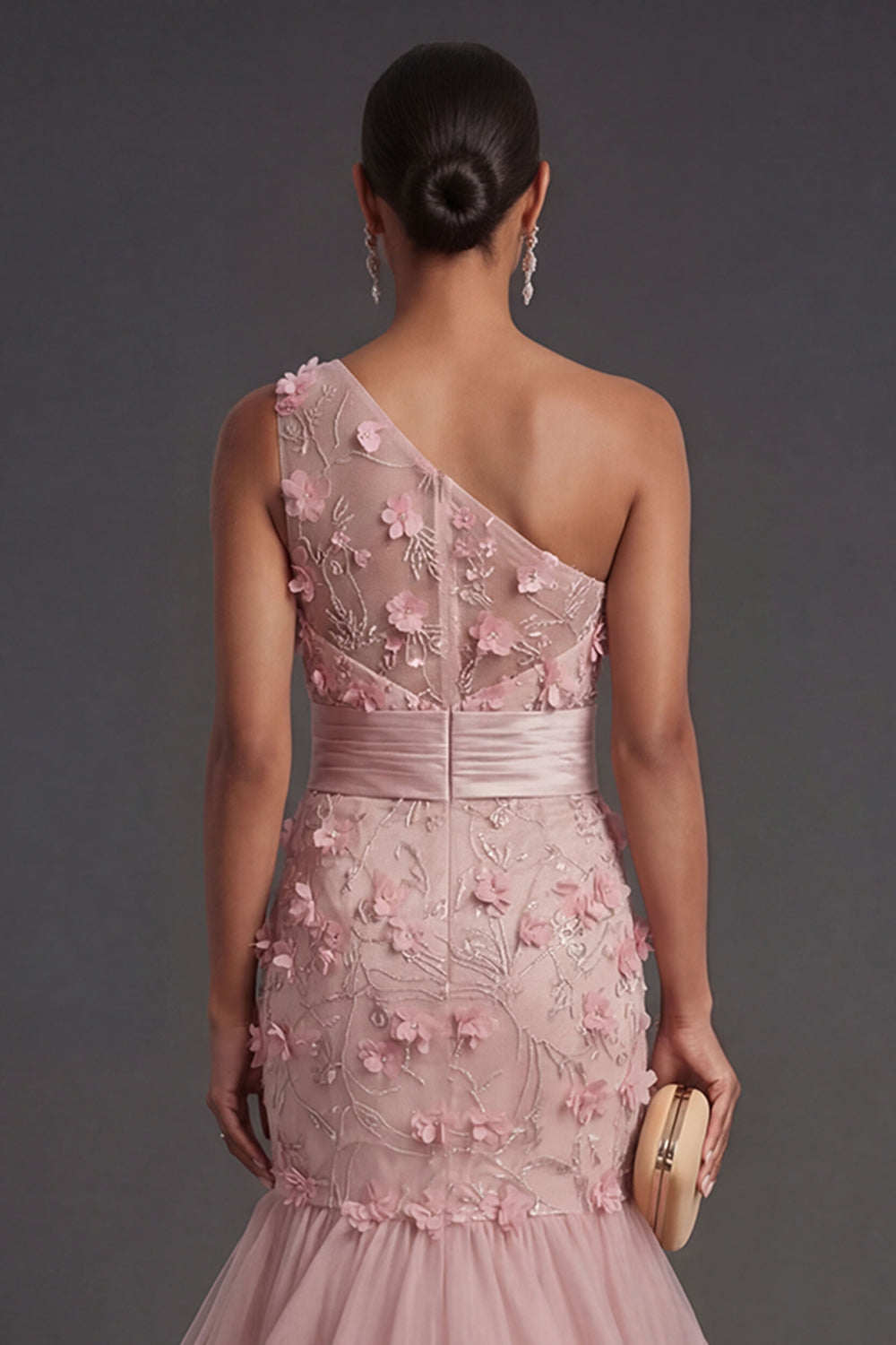 Blush Mermaid Floral One Shoulder Appliqued Ruffled Long Formal Dress