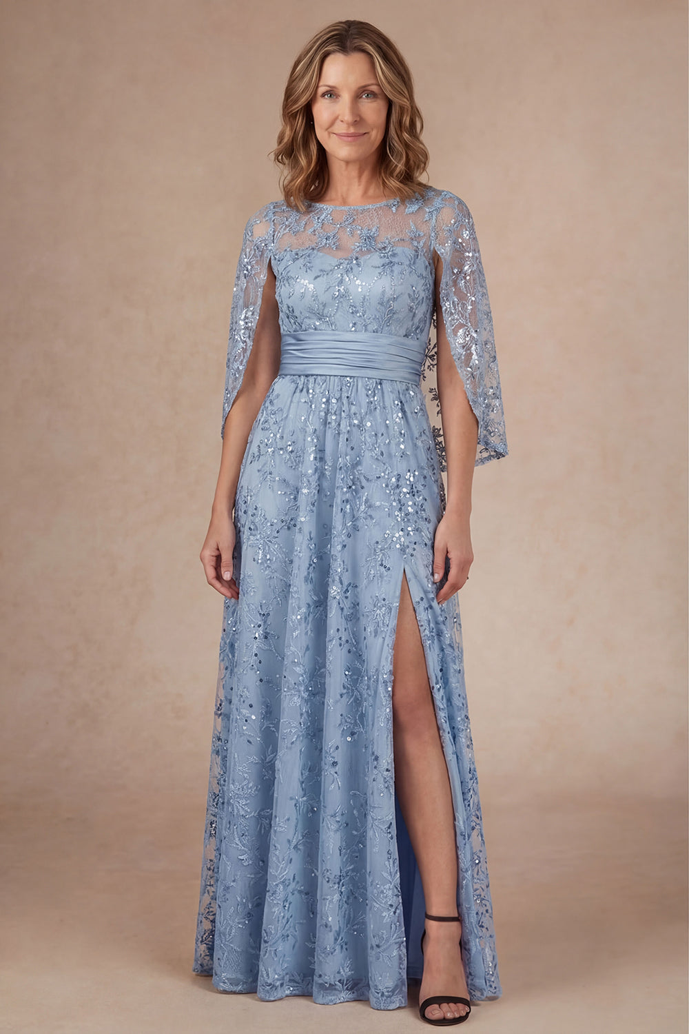 Sky Blue Sparkly Beaded Appliqued Long Mother of the Bride Dress with Slit