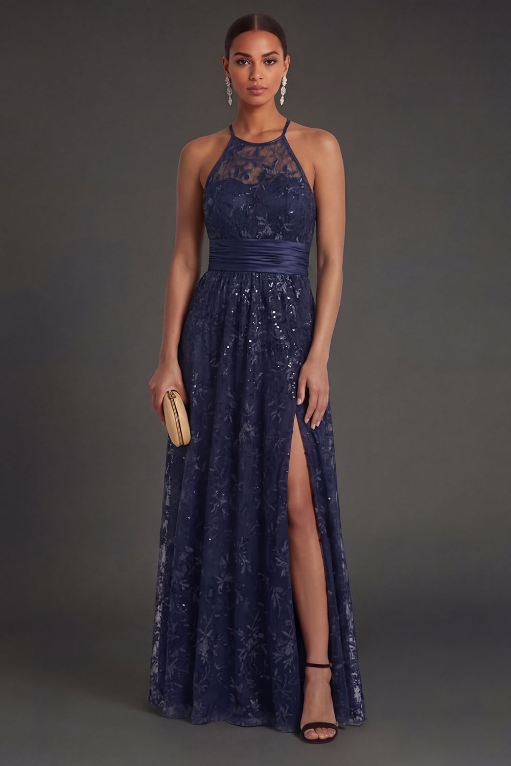 Navy A Line Floral Halter Neck Sleeveless Long Formal Dress with Slit