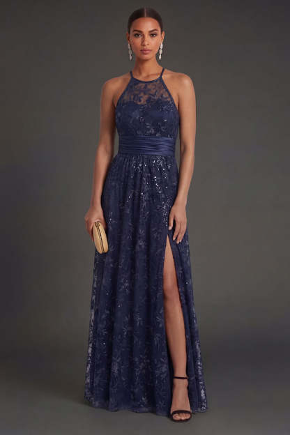 Leely Women Navy A Line Floral Sleeveless Long Formal Dress with Slit Halter Neck Appliqued Wedding Guest Dress