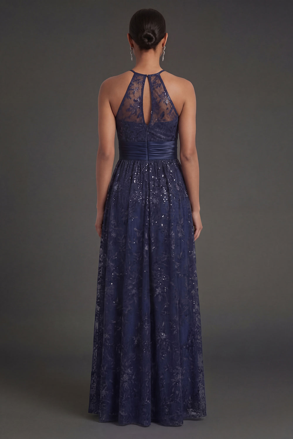 Navy A Line Floral Halter Neck Sleeveless Long Formal Dress with Slit