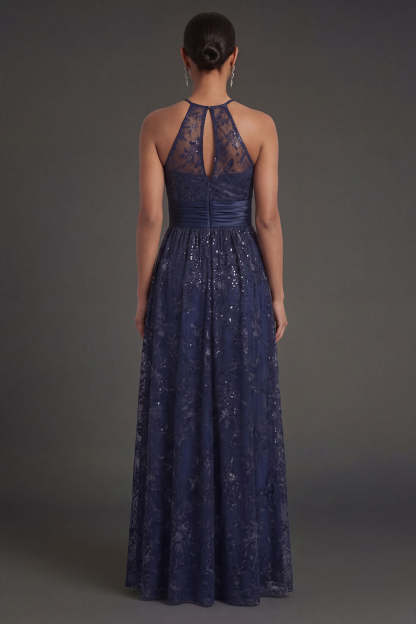 Navy A Line Floral Halter Neck Sleeveless Long Formal Dress with Slit