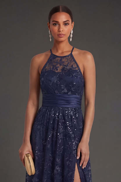 Navy A Line Floral Halter Neck Sleeveless Long Formal Dress with Slit