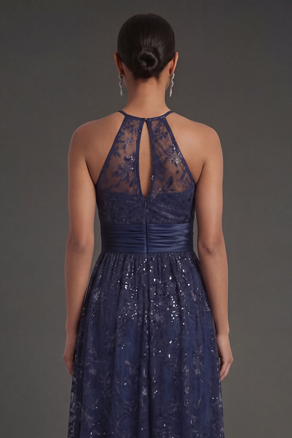 Navy A Line Floral Halter Neck Sleeveless Long Formal Dress with Slit