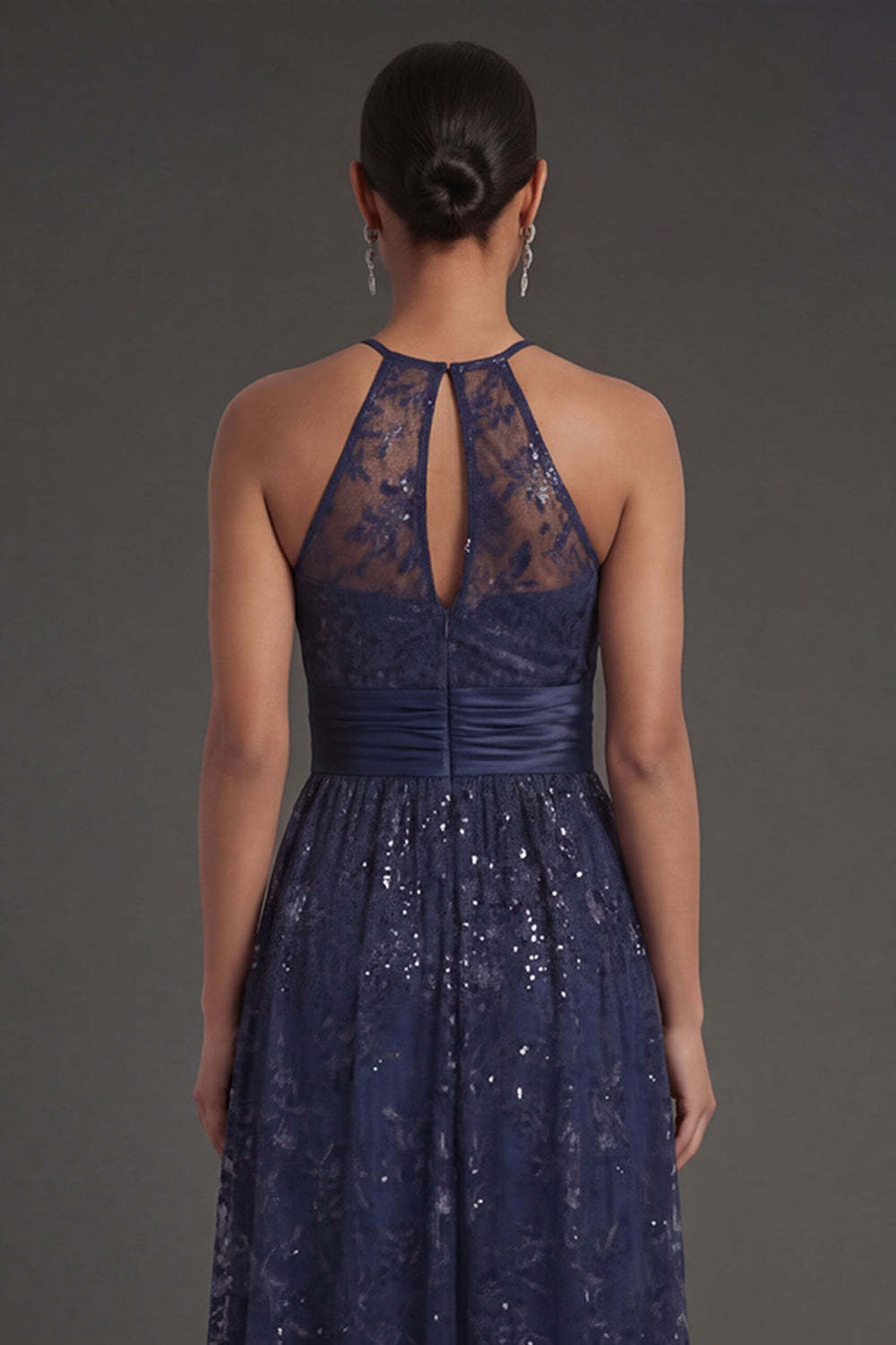 Navy A Line Floral Halter Neck Sleeveless Long Formal Dress with Slit