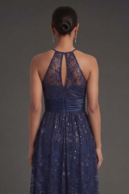 Navy A Line Floral Halter Neck Sleeveless Long Formal Dress with Slit