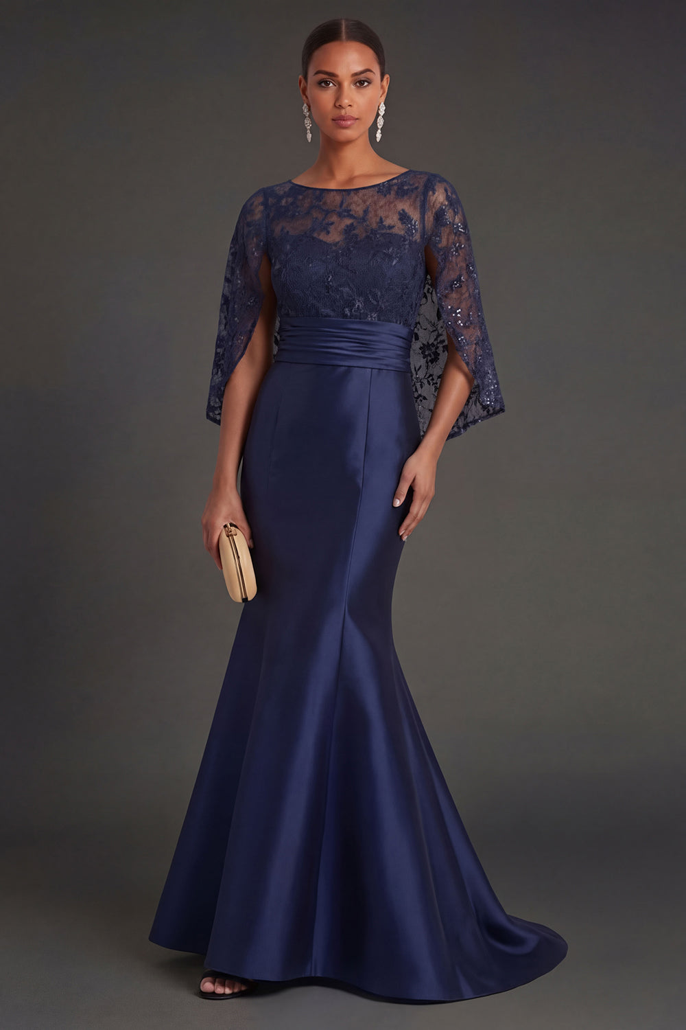 Leely Women Navy Floral Satin Mermaid Appliqued Long Formal Dress Round Neck Sleeveless Wedding Guest Dress