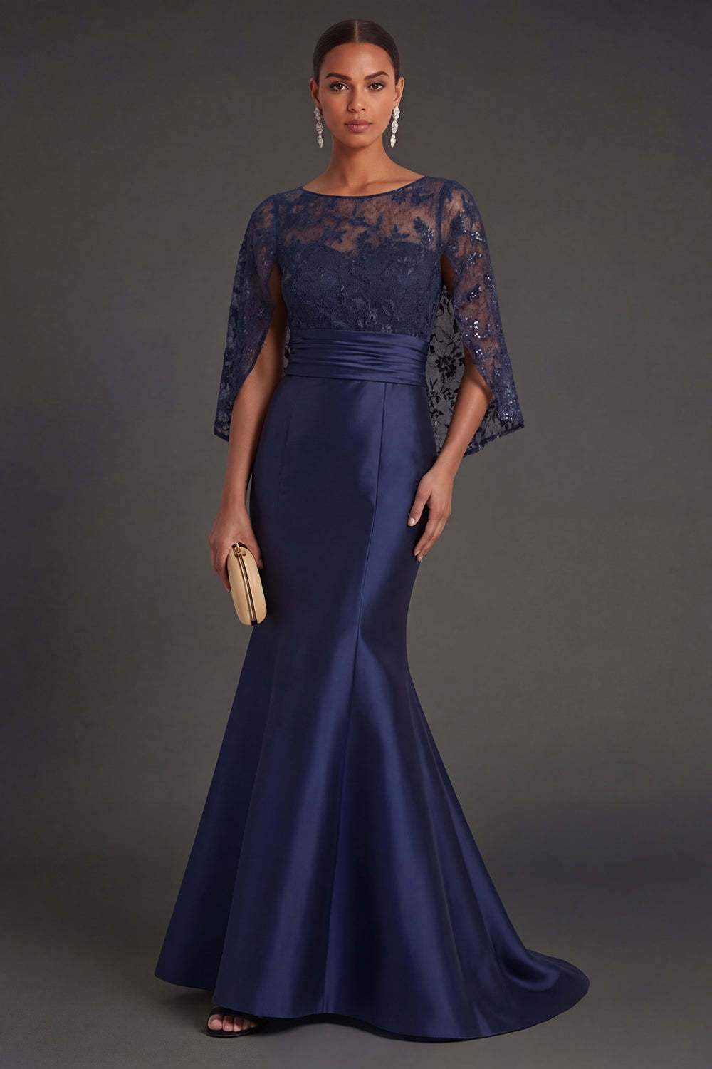 Leely Women Navy Floral Satin Mermaid Appliqued Long Formal Dress Round Neck Sleeveless Wedding Guest Dress