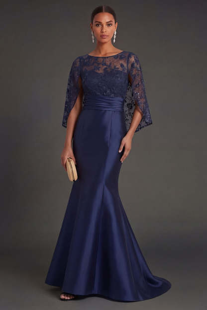 Leely Women Navy Floral Satin Mermaid Appliqued Long Formal Dress Round Neck Sleeveless Wedding Guest Dress